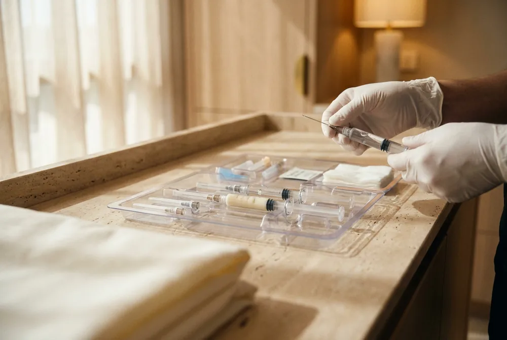 Médica preparando seringas de bioestimulador e ácido hialurônico em bandeja estéril