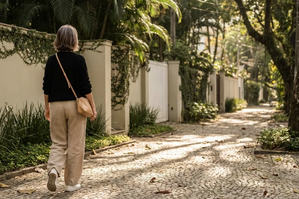 Mulher de cabelos grisalhos caminhando por uma rua arborizada pela manhã